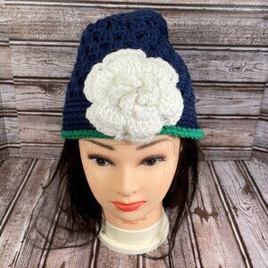 Handmade Blue White Women Flower Soft Crocheted Beanie Hat USA NEW